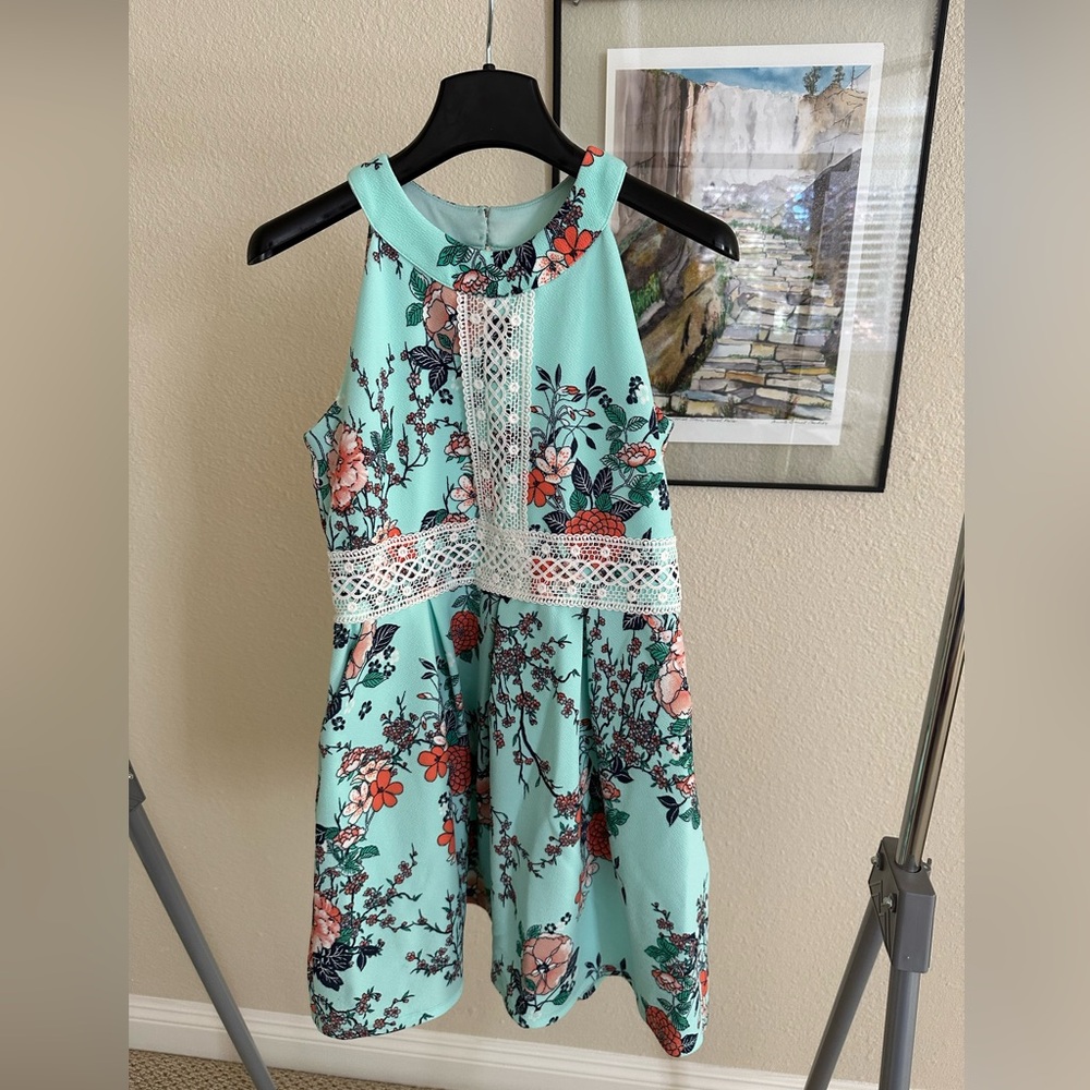 Floral Halter Dress with Lace Detail